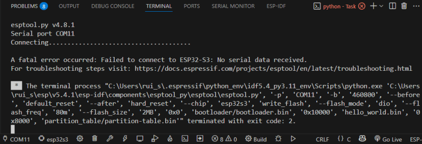 ESP-IDF Connecting A fatal error occurred failed to connect to ESP32-S3
