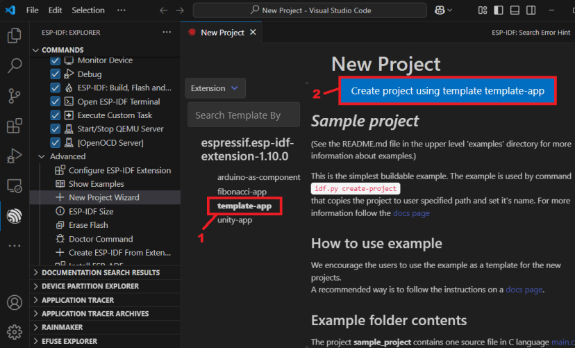 ESP-IDF ESP32 Create New Project Select Template App Option