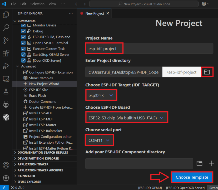 ESP-IDF ESP32 Create Open New Project Wizard Menu Select Directory Board Template