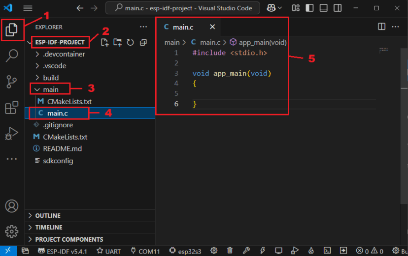 ESP-IDF ESP32 Open Project in a VS Code Browse to Main C File