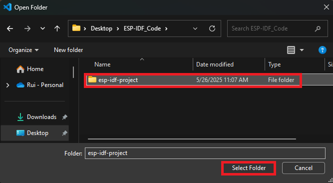 ESP-IDF ESP32 Open Project VS Code Select Folder