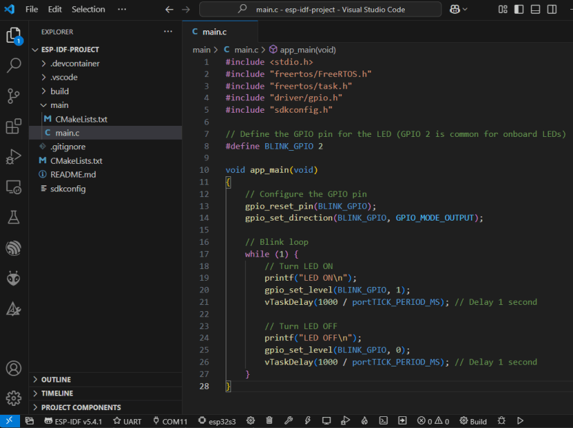 ESP-IDF ESP32 Project VS Code Main C File Blink Code