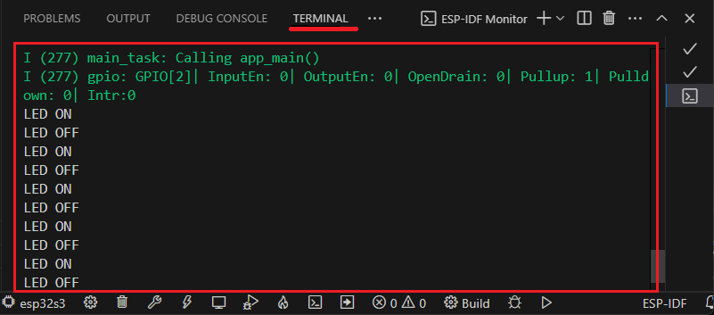 ESP-IDF ESP32 Project VS Code Open Terminal Window Monitor Test Blink Code Example