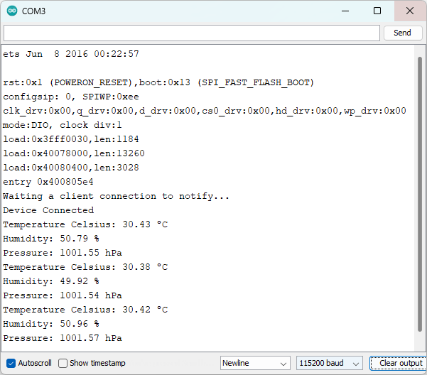 ESP32 Environmental Service BLE Advertising Serial Monitor