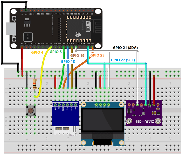 ESP32 BMP388 Datalogger OLED Pushbutton Wiring Circuit Diagram