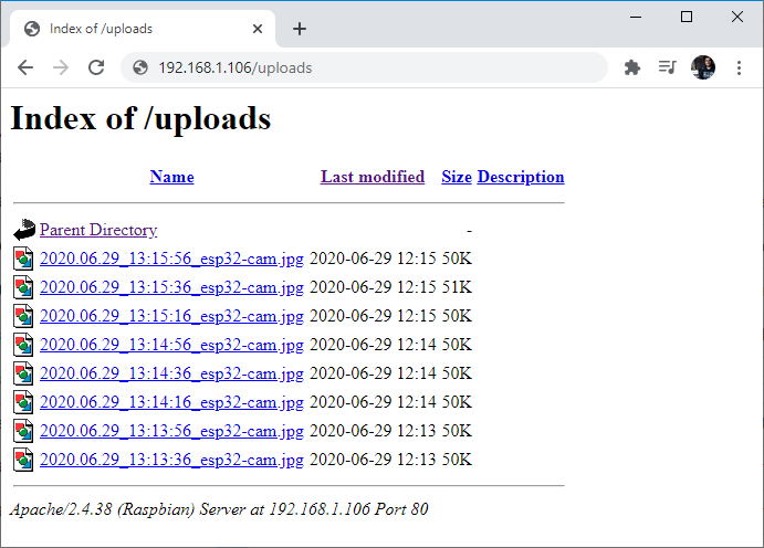ESP32-CAM Camera Board Uploads Folder Images stored server Demonstration