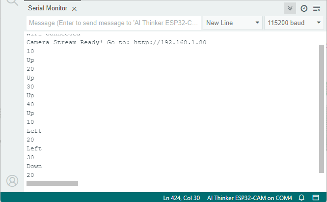 ESP32-CAM Pan and Tilt Web Server Serial Monitor