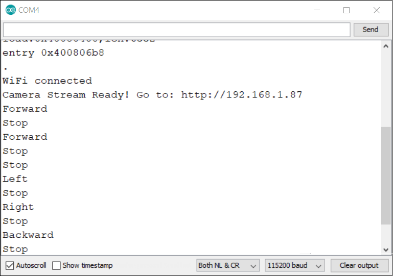 ESP32-CAM Remote Controlled Robot Serial Monitor Commands