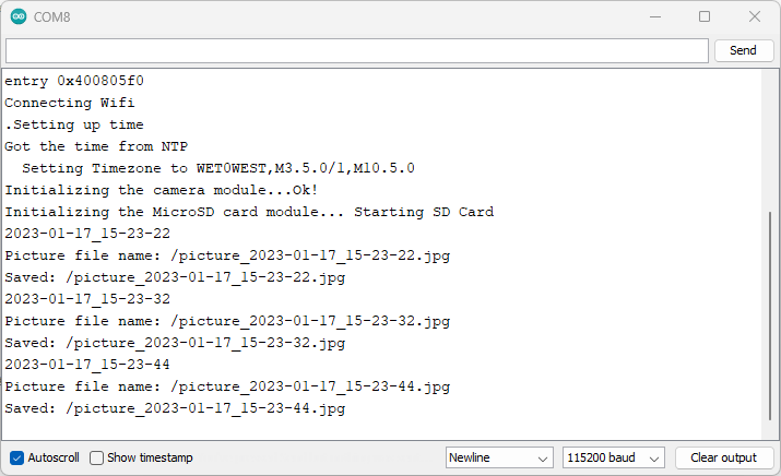 ESP32-CMA Take Pictures with Timestamp Serial Monitor Demonstration