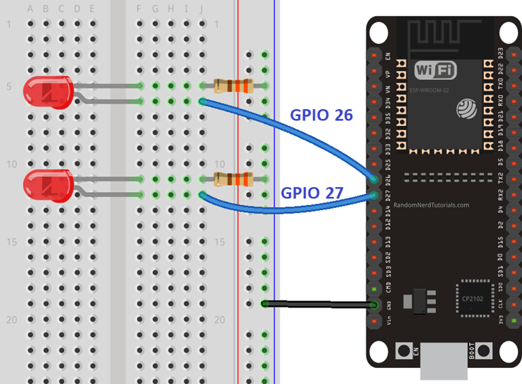 ESP32 Connected to Two LEDs