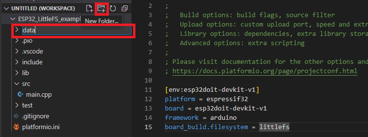 Create a data folder VS Code PlatformIO ESP8266