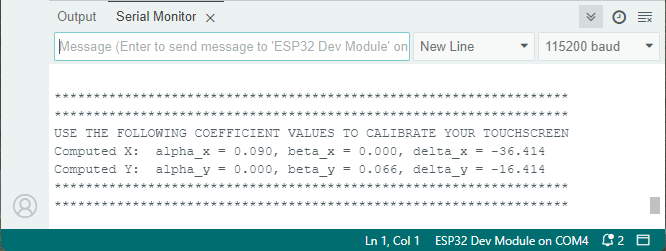 ESP32 Touchscreen Calibration Getting the Coefficient Values