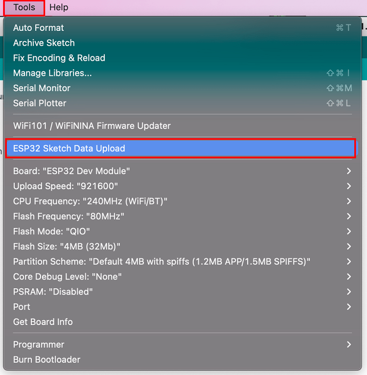 ESP32 Data Sketch Upload Menu Arduino IDE Mac OS