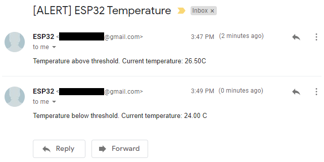 ESP32 Email Alert Notification Temperature Reached above below threshold
