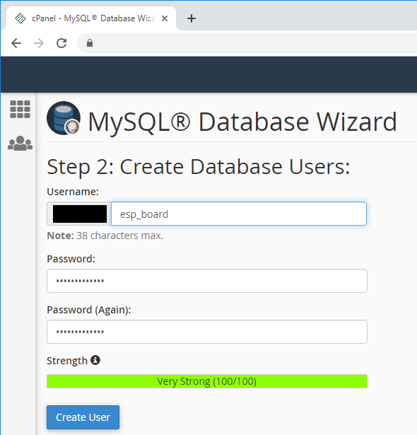 ESP32 ESP8266 CPanel Create MySQL Database User and Password