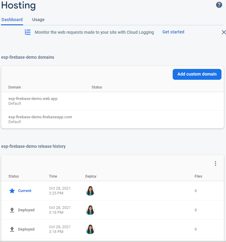 Firebase Web App Deploy History and Domains