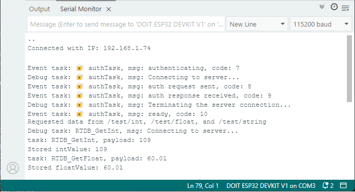 ESP32 Get Data from Firebase Realtime Database Serial Monitor Result
