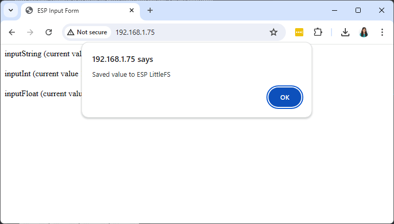 ESP32 ESP8266 HTML Form Input Data demonstration alert message web page reload