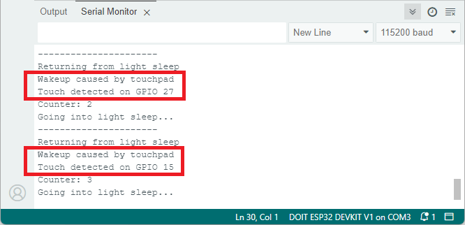 ESP32 light sleep with touch wake-up demonstration