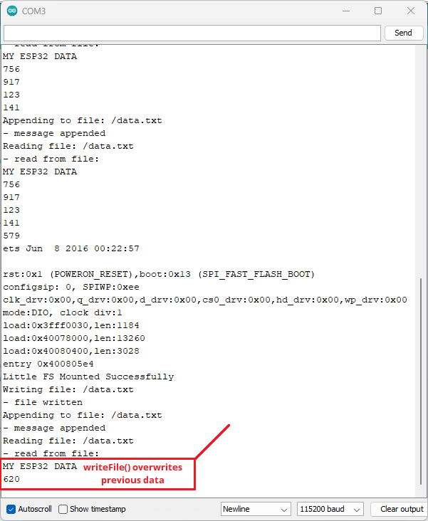ESP32 Save Data to File LittleFS Example Serial Monitor