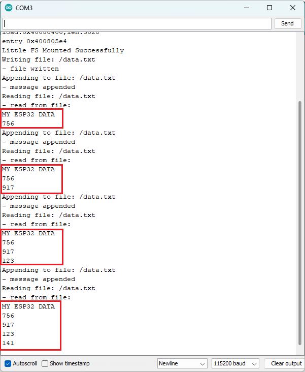 ESP32 Save Data to File LittleFS Example Serial Monitor