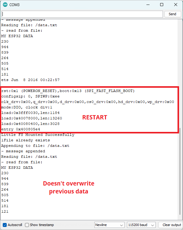 ESP32 Save Data to File LittleFS Example Serial Monitor - prevent overwrite