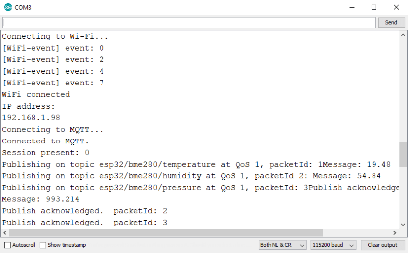 ESP32 Publish BME280 Sensor Readings MQTT Serial Monitor