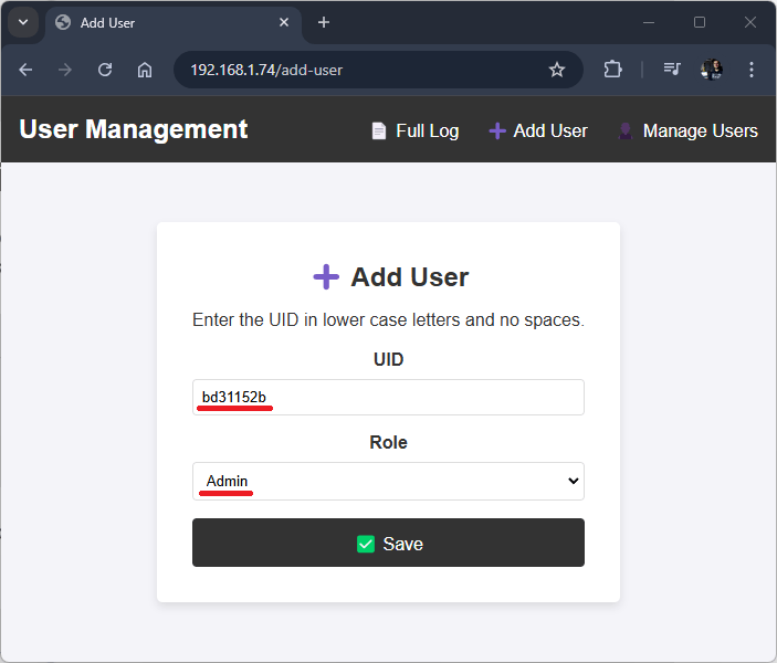 ESP32 RFID User Management System Web Server Add New User with Role