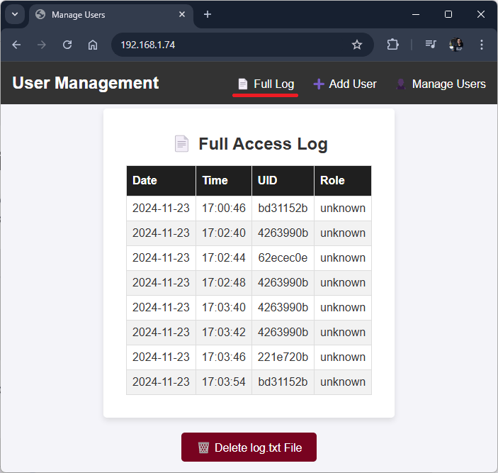 ESP32 RFID User Management System Web Server Check Full Log Table