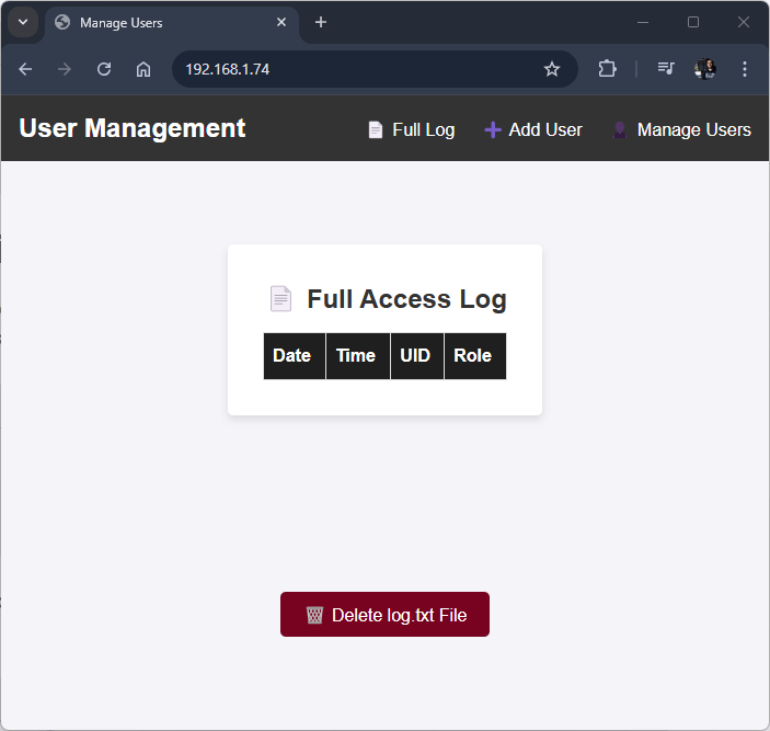 ESP32 RFID User Management System Web Server Testing IP Address