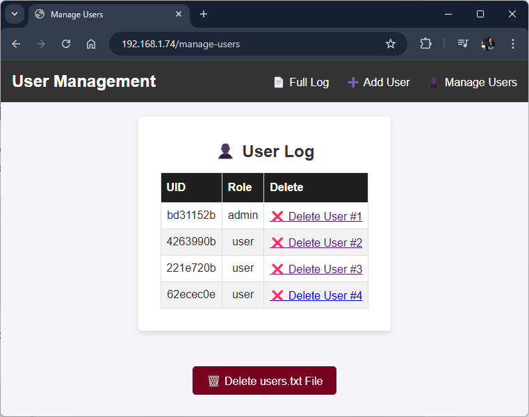 ESP32 RFID User Management System Web Server User Log Web Page Delete Users