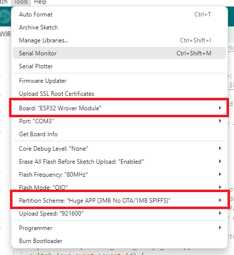 ESP32 Selecting Different Partition Scheme