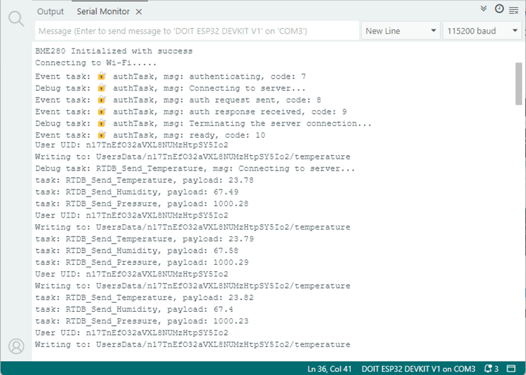 ESP32 Send BME280 Sensor Readings to Firebase RTDB - Serial Monitor