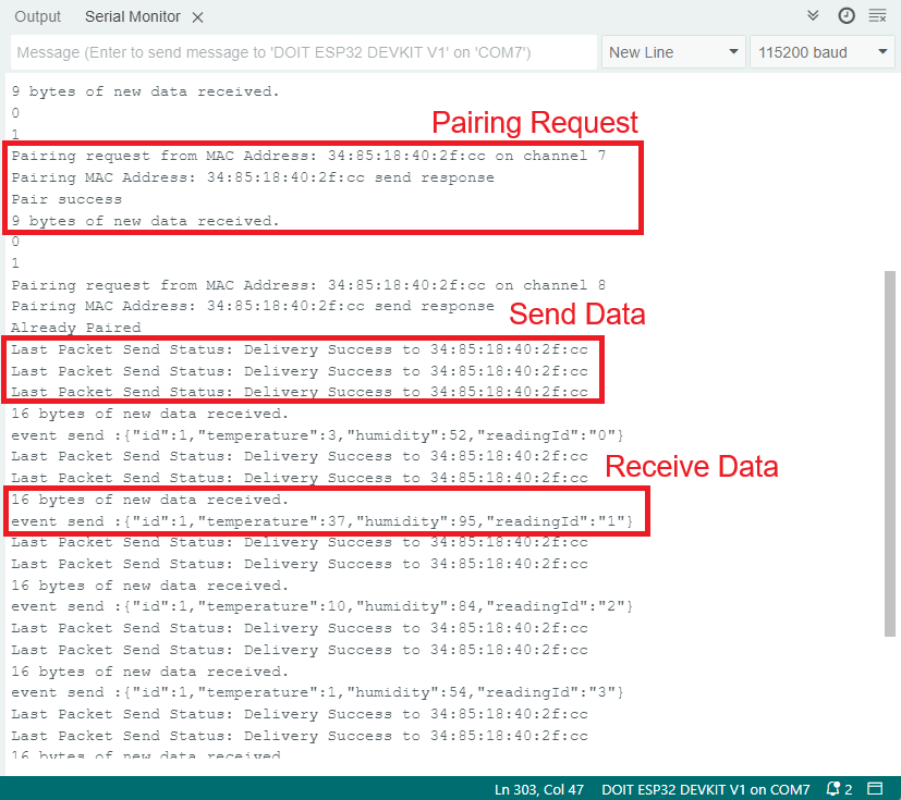 ESP32 Server ESP-NOW Protocol Autopairing Arduino IDE Serial Monitor Receive Data Demonstration