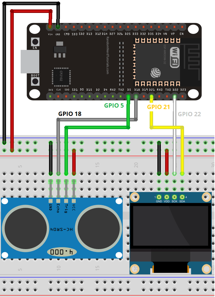 ESP32 with HC-SR04 and OLED Display Wiring Circuit Diagram