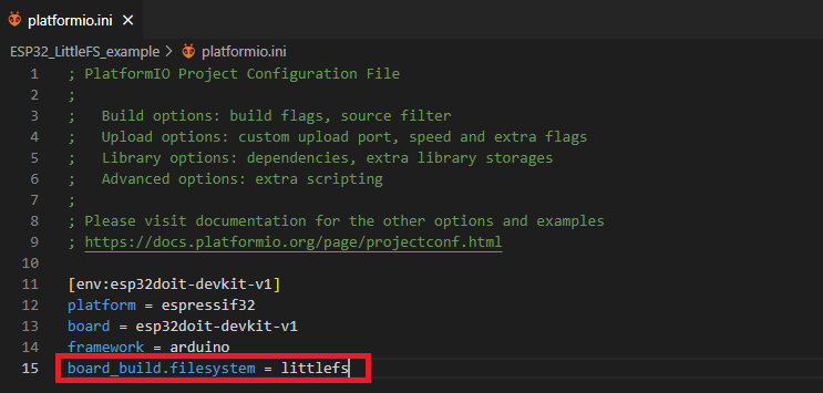 Use LittleFS as default filesystem ESP32 VS Code + PlatformIO