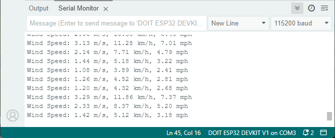 Testing Wind Sensor with ESP32 - Serial Monitor Demonstration