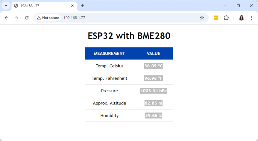 ESP32 web Server display BME 280 sensor readings