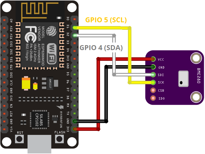 Schematic Wiring diagram ESP8266 NodeMCU with BME280 using I2C
