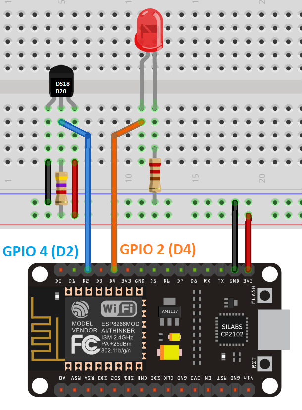 Wiring Schematic diagram with DS18B20 temperature sensor connected to ESP8266 board (NodeMCU)