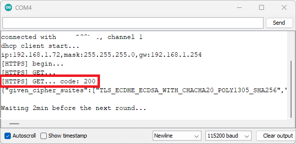 ESP8266 HTTPS example demonstration serial monitor
