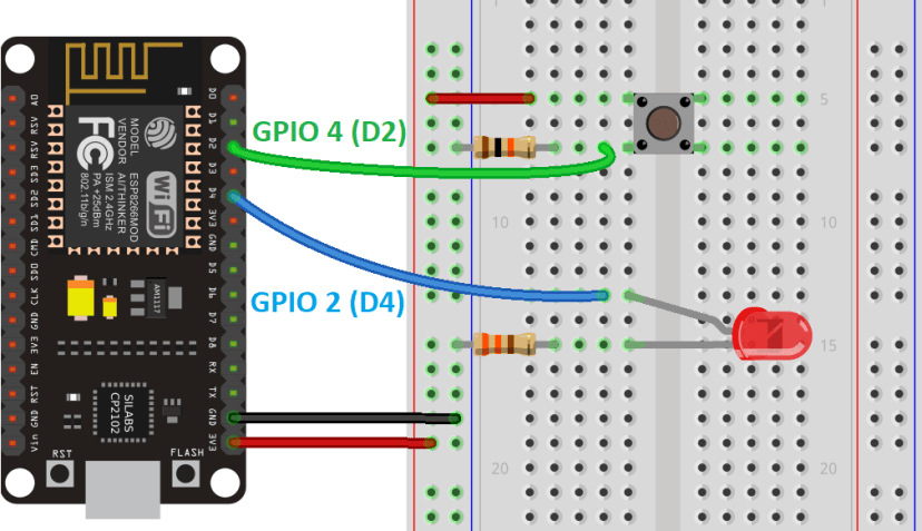 ESP8266 NodeMCU Digital Input and Digital Output Schematic Circuit LED Pushbutton