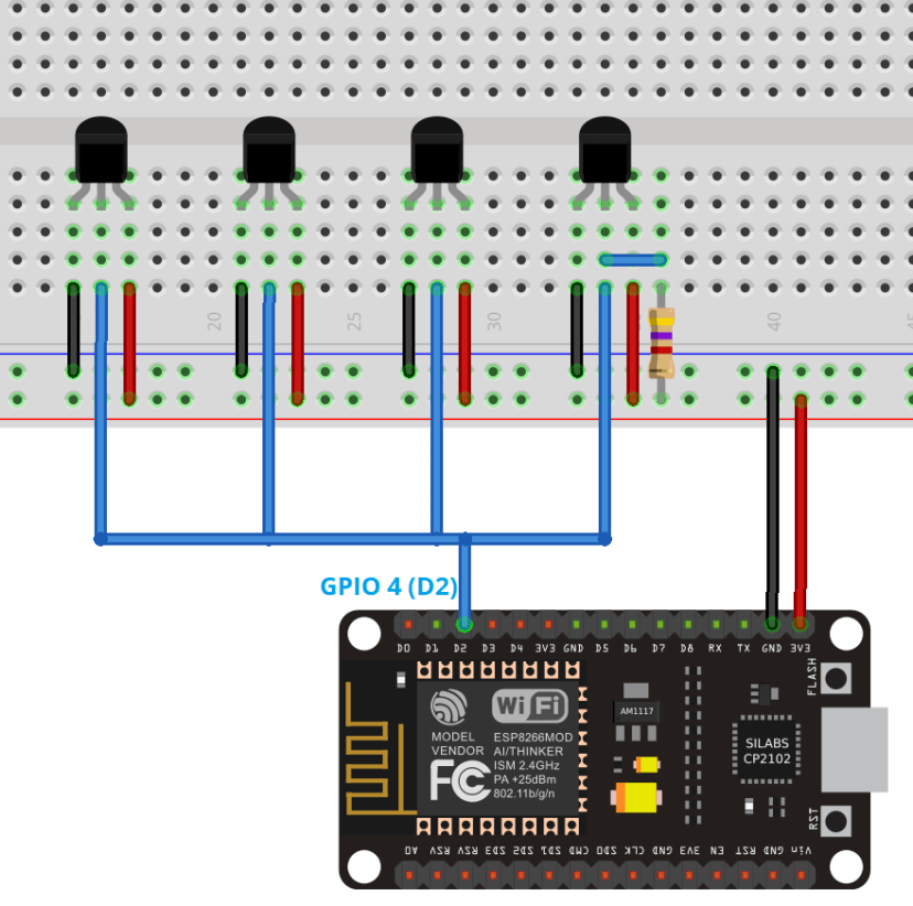 ESP8266 with Multiple DS18B20 Sensors Wiring Diagram