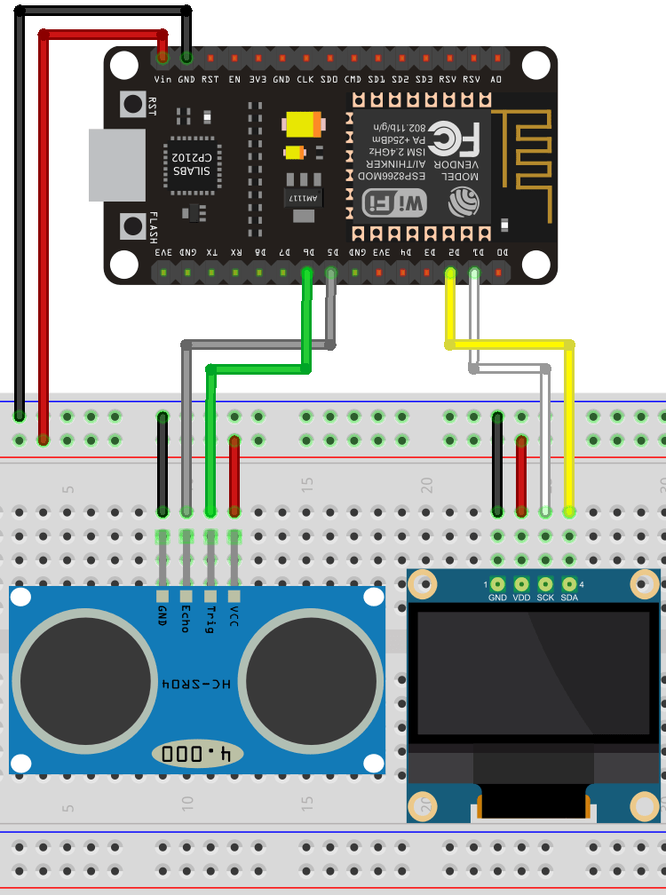 ESP8266 NodeMCU with HC-SR04 and OLED Display Wiring Diagram