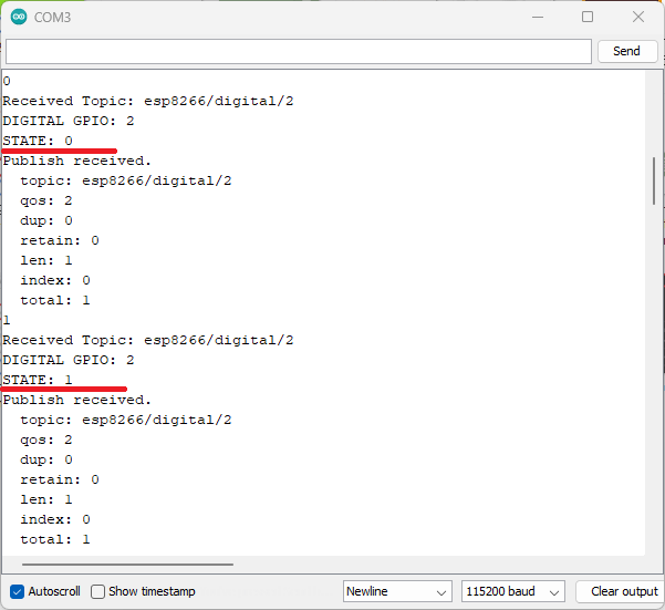 ESP8266 NodeMCU Receiving GPIO states via MQTT - Serial Monitor