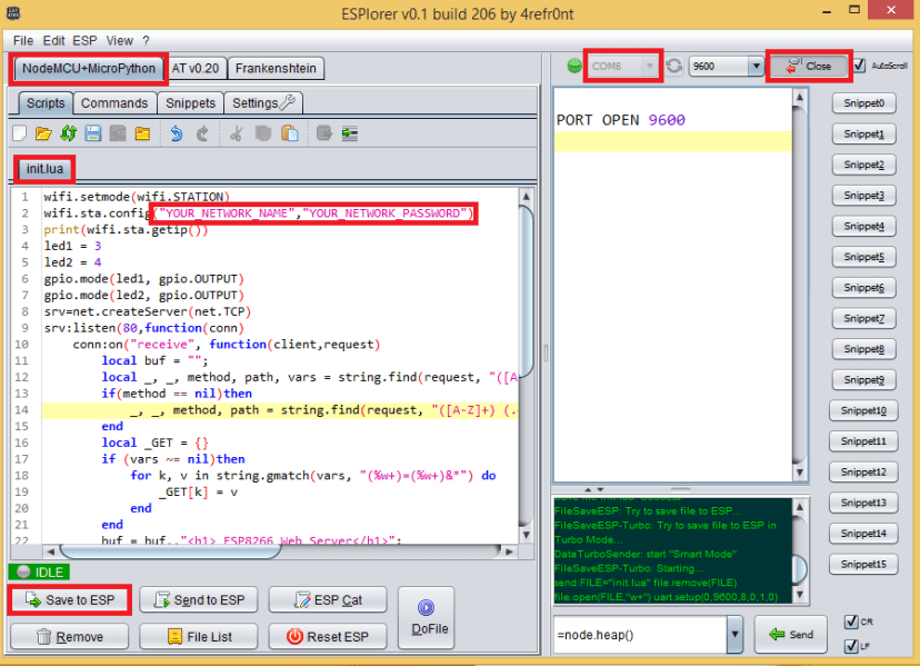 ESPlorer Upload code to ESP8266 NodeMCU Board
