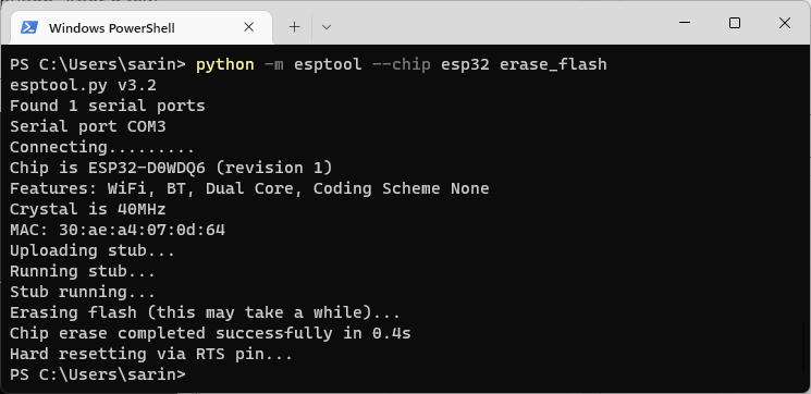 ESP32 erase flash esptool