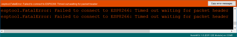 esptool.FatalError Failed to connect to ESP8266: Timed out waiting for packet header