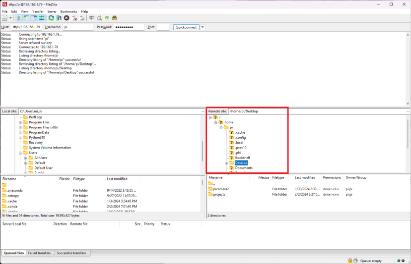 FileZilla connection established