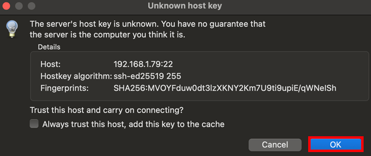 FileZilla Establish FTP connection with Mac Raspberry Pi accept ok